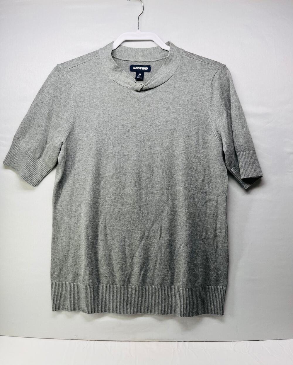 Lands’ End Women’s Gray Cotton Short Sleeve Sweater Knit Pullover Casual Top